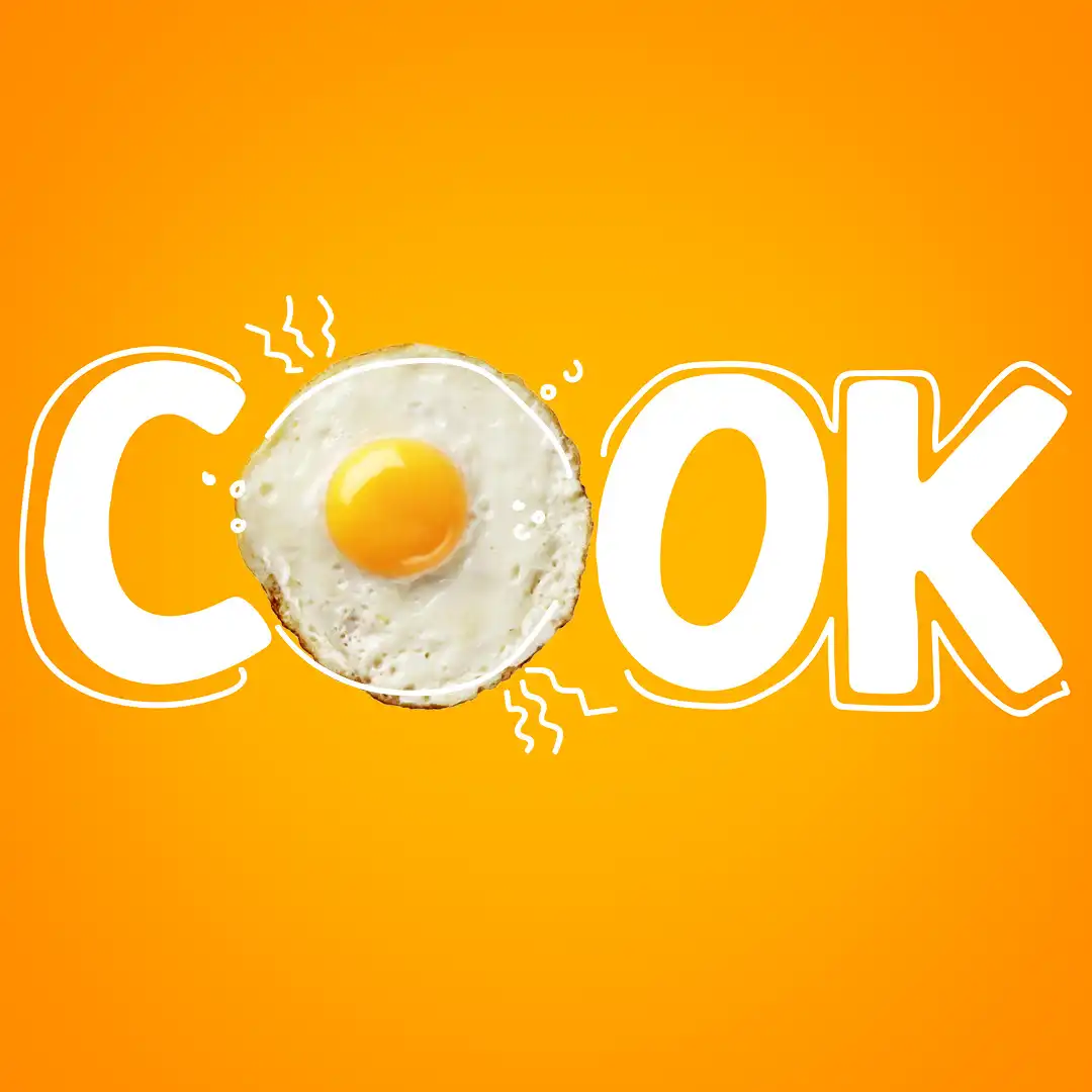 The word “COOK” on an orange background, with the second “O” replaced by a fried egg.