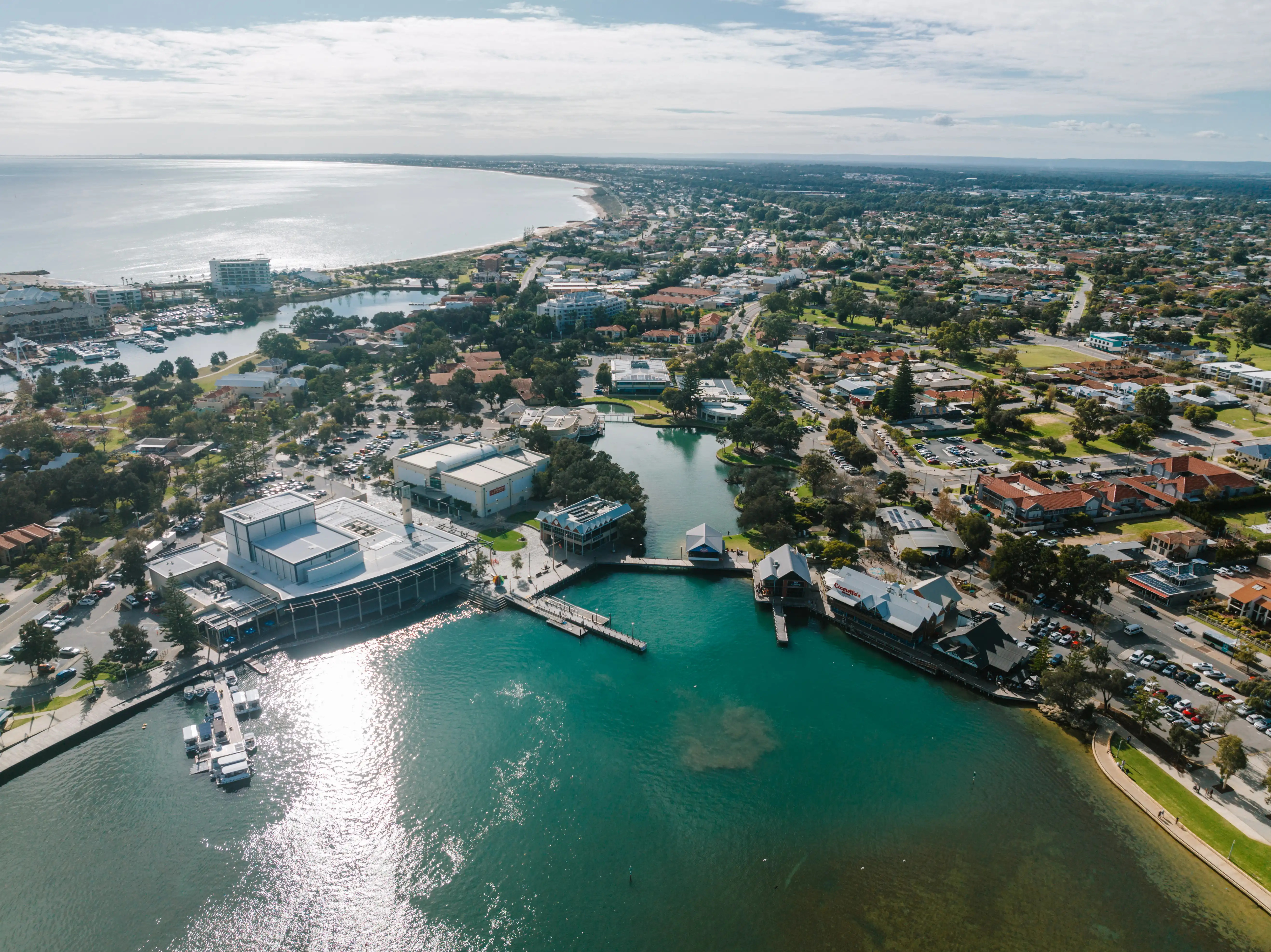 Aerial view of the waterways and residential area of Mandurah